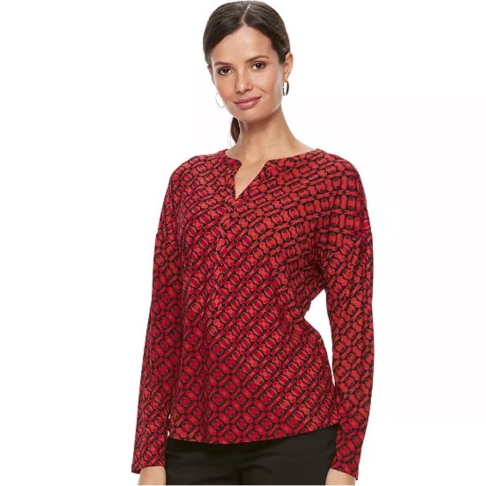 Dana Bachman blouse vibrant pattern red, purple and black geometric desi…